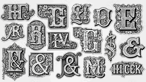 Collection of Ornate Vintage Decorative Lettering and Ampersands.