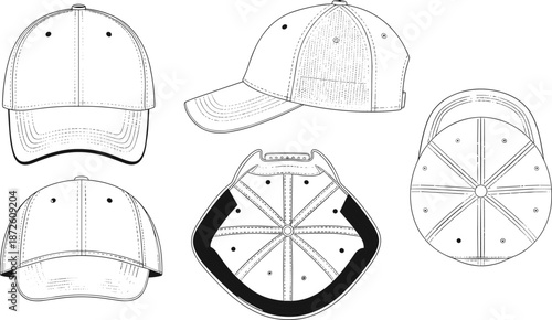 Baseball cap technical fashion flat sketch set with multiple views including front side back and inside construction vector illustration