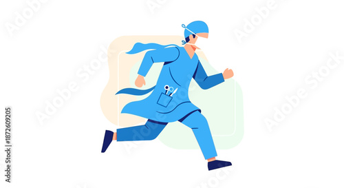Urgent Medical Response: Doctor or Surgeon Running in Blue Scrubs. Healthcare Hero Rushing to Emergency.