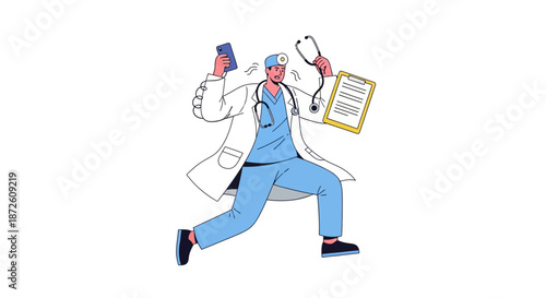 Stressed doctor running in a panic with phone, clipboard, and stethoscope. Overworked medical professional burnout and hospital emergency concept vector.