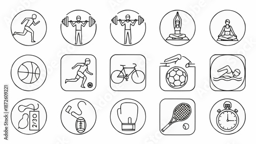 Collection of sports and fitness icons in a grid layout.