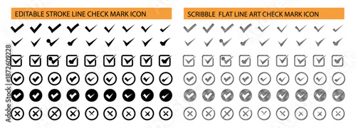 Checkmark vector icon set. check mark tick symbols in unique style. Check mark & cross signs in flat stroke line and scribble flat style