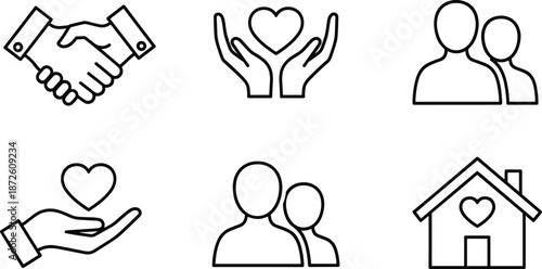 Charity and community care icons set including handshake heart family and home line symbols isolated on white background