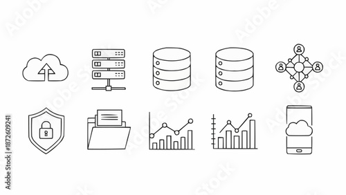 Collection of technology and data icons for digital concepts.