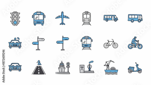 Collection of transportation and traffic icons in blue and gray.