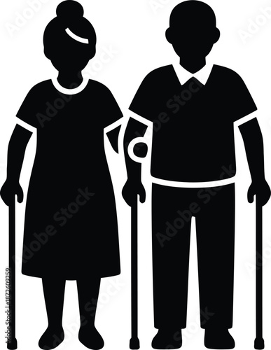Elderly man and woman with crutches standing vector silhouette
