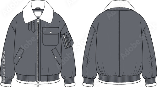 Men bomber jacket with fur collar technical fashion flat sketch front and back view vector illustration for outerwear design