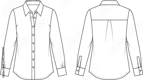 Women long sleeve button up shirt technical fashion flat sketch front and back view classic collared vector illustration apparel design