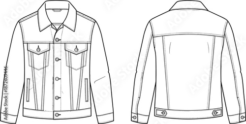 Men classic denim jacket technical flat sketch, long sleeve button front trucker jacket with pockets, front and back fashion illustration isolated on white background