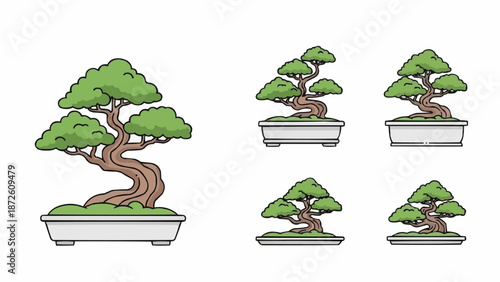 Collection of Five Stylized Bonsai Trees in Pots.