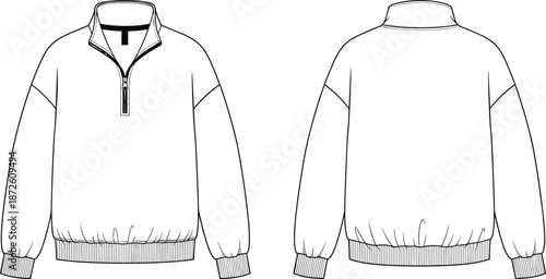 Quarter zip pullover technical drawing, front and back view sweatshirt, long sleeve mock neck top, fashion flat sketch