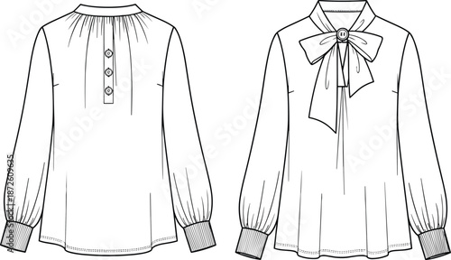 Women long sleeve blouse technical fashion flat sketch with bow tie front and back view vector illustration for apparel design