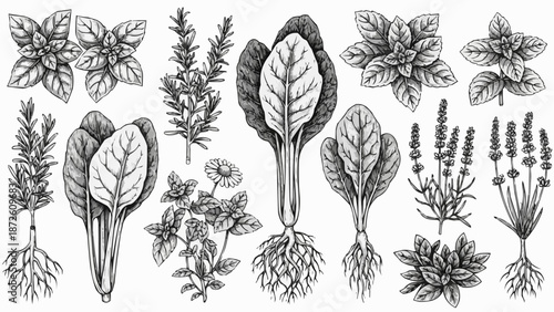 Collection of Hand Drawn Botanical Illustrations of Herbs and Greens.