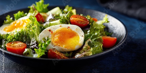 A close-up of a mixed salad in a dark bowl, with egg halves, tomatoes, and lettuce