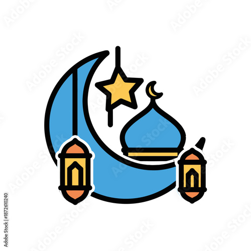 Islamic symbol with crescent moon star and mosque.