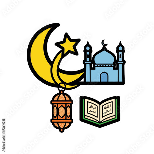 Islamic symbols including mosque, crescent moon, star, lantern, and Quran.
