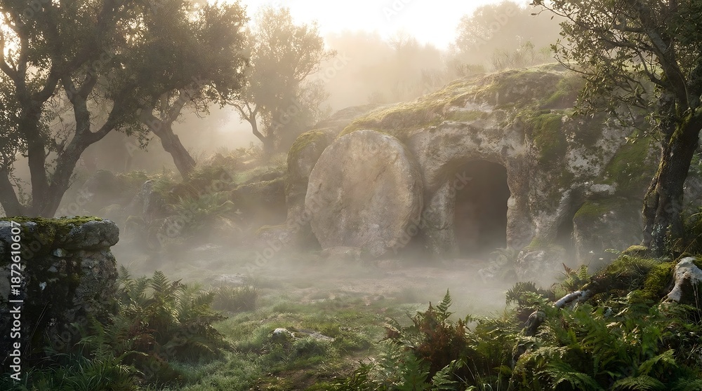 Fototapeta premium Empty tomb with rolled away stone in a misty garden at sunrise for Easter resurrection concept