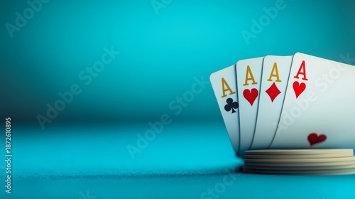 21.The four aces stacked slightly askew, with embossed golden accents and a soft glow around the edges, set against a smooth, elegant blue gradient background.