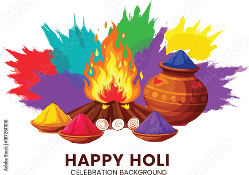 Happy Holi festival vector illustration with ritual bonfire colorful paint splashes decorative clay pot and powder gulal bowls.