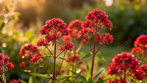Red Valerian herb flowers blooming in summer garden close-up