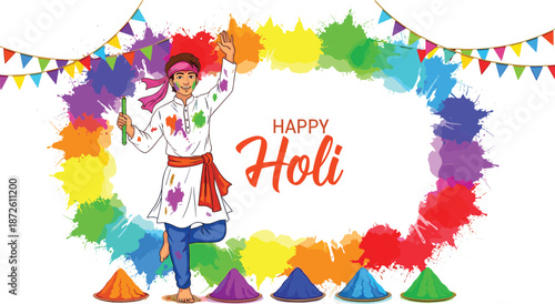 Happy Holi festival vector illustration with man in traditional dress colorful paint splash frame and festive party bunting.