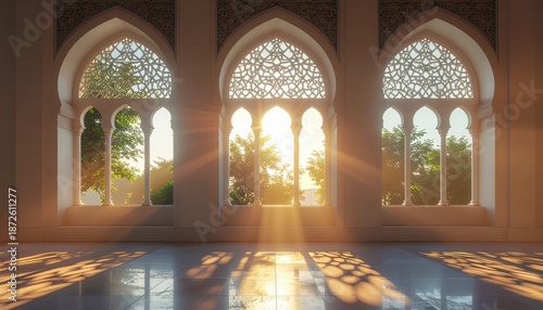 Sunlight through Islamic arches creates a serene mosque interior, perfect for Ramadan spiritual events