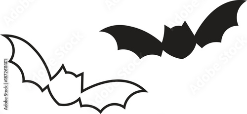 Two stylized flying bat illustrations, one solid black and one outline, on a white background.