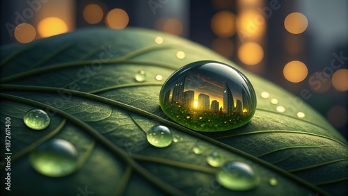Reflective Water Drop on Leaf with Office Lights in Background
