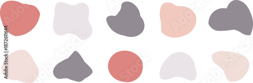 Collection of ten abstract organic shapes in pastel and muted colors on a white background, featuring irregular blobs and a perfect circle.