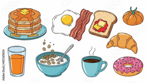 Delicious Breakfast Food Collection Isolated on White Background.
