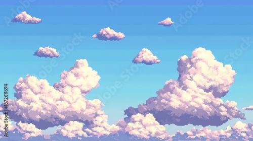 114.A seamless looping pixel sky background with layered parallax clouds drifting, capturing the essence of retro platformer game aesthetics.