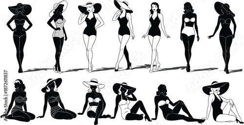 Black and white silhouettes of vintage pin up women in swimsuits and sun hats, retro summer beach fashion icons set,