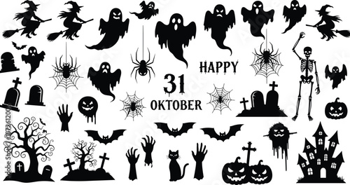 Black Halloween silhouette set vector illustration, isolated spooky icons including ghosts, witches, bats, pumpkins and skeletons for October party decoration design.