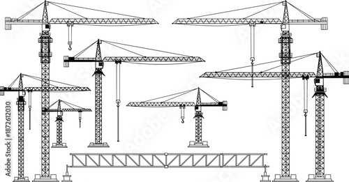 Black line art construction crane collection vector illustration, isolated heavy machinery tower crane icons for industrial building, engineering and architecture.