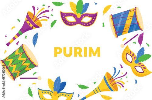 Happy Purim Day vector background featuring a festive circular border with traditional drums carnival horns and decorative masks.