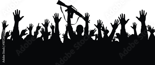 Black silhouette of a crowd with raised hands and one person holding an assault rifle, war or revolution concept isolated,
