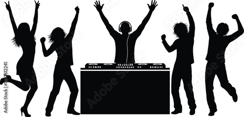 Black silhouette of a DJ at turntable with crowd dancing, party people at nightclub event isolated on white background, celebration,