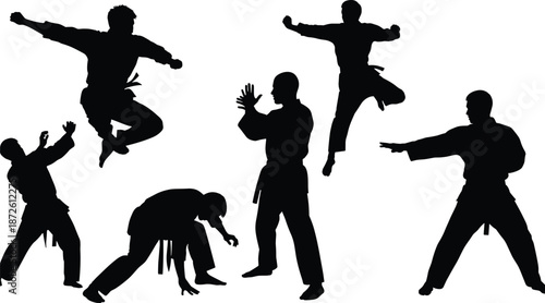 Martial arts karate silhouettes set, athletes in various fighting poses and jumping kicks, combat sports practice and self defense vector illustration,