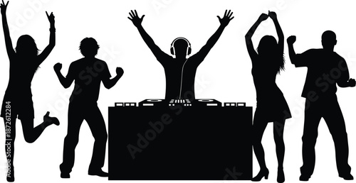 Black silhouette of a DJ at turntable with crowd dancing, party people at nightclub event isolated on white background, celebration