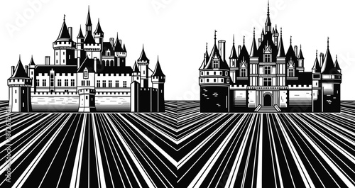 Medieval fairytale castle silhouette vector illustration with majestic towers and fortresses, royal palace architecture design on a striped ground background for travel,