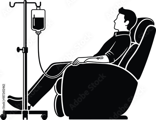 Black silhouette of a man sitting in a medical chair receiving intravenous IV drip treatment, hospital patient therapy isolated icon,