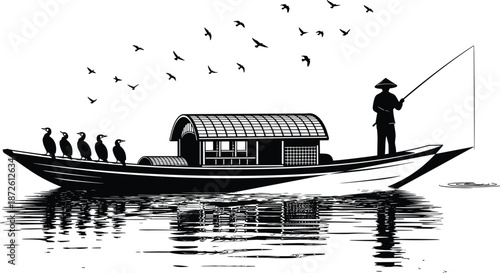 Black silhouette of an Asian fisherman on a traditional wooden boat with birds and water reflections, oriental landscape isolated icon,