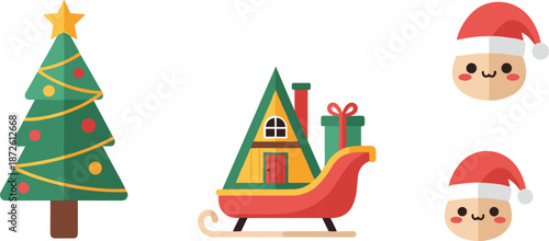 Christmas illustration with decorated tree, festive sleigh house, gift, and adorable Santa face characters in colorful modern holiday cartoon style design