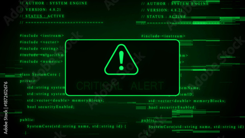 Green digital interface with a warning symbol and the text CRITICALALERT surrounded by lines of code and digital noise, indicating a serious system issue or security breach in a