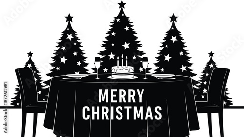 Merry Christmas dinner table silhouette with cake candles, festive chairs and decorated pine trees, elegant holiday celebration vector illustration for seasonal greeting design