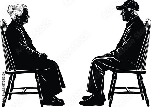 Black silhouette of an elderly man and woman sitting on chairs facing each other, senior couple talking isolated on white,