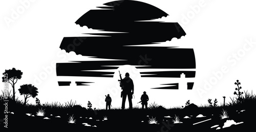 Military soldiers silhouette standing on a grassy field at sunset with a large sun background, tactical combat mission nature vector illustration scene,