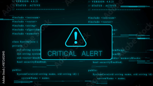 Cyan digital display showing a warning and the text CRITICALALERT amidst scrolling code and digital artifacts, signifying a severe system problem or urgent notification in a tech