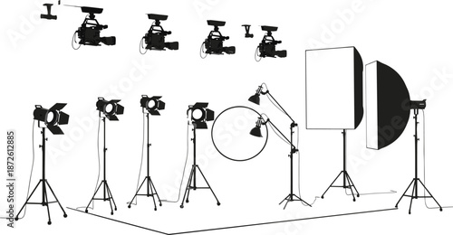 Black silhouette of professional movie studio equipment vector illustration, isolated cinema cameras, stage lighting and softbox icons for video production.