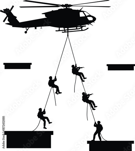 Military special forces soldiers rappelling from a helicopter during a tactical mission silhouette, combat rescue operation black and white vector illustration,